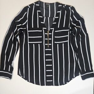 Express‎ Blouse Womens XS Black White Striped Zip V Neck Roll Tab Sleeve Top